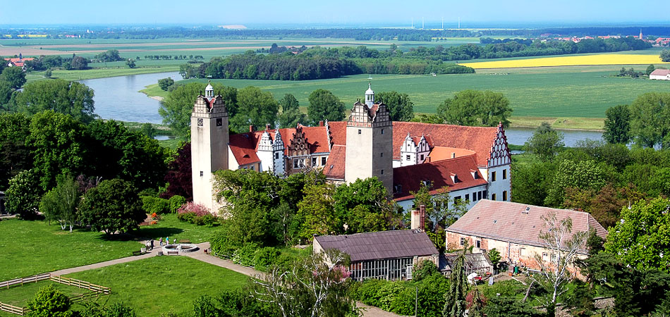 Luftbild Schloss Strehla und Elbbogen.